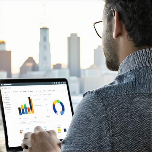 Chicago business owner reviewing SEO analytics on a laptop with city skyline