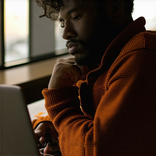 Person studying SEO strategies on a laptop with Chicago skyline in the background