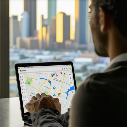 Business owner optimizing Google Maps profile with Chicago skyline in background