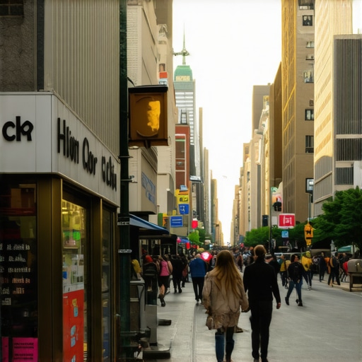 Chicago street scene with local businesses and busy pedestrians