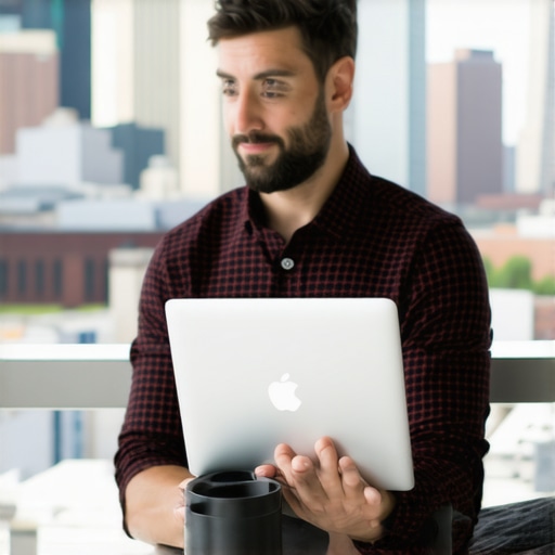 Business owner updating Google profile with Chicago cityscape
