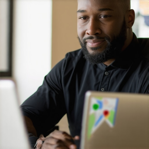 Business owner working on Google Maps profile with devices in Chicago office.