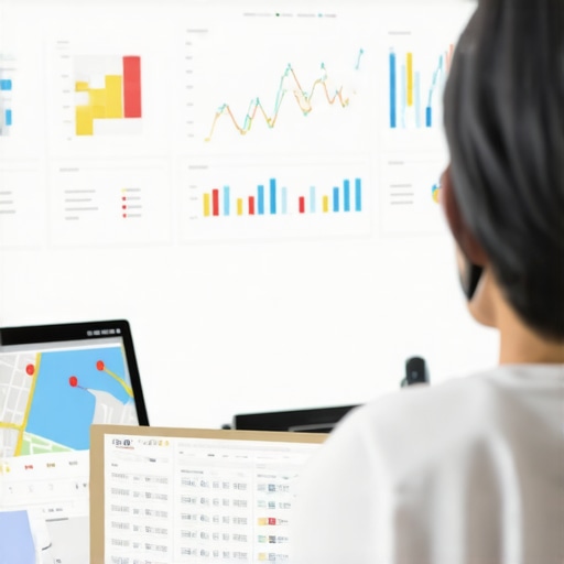 Person analyzing local SEO data on a computer screen with maps and charts.