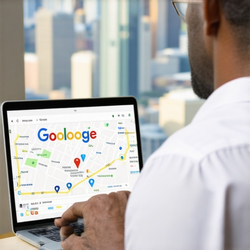Business owner reviewing Google Maps optimization metrics with Chicago skyline