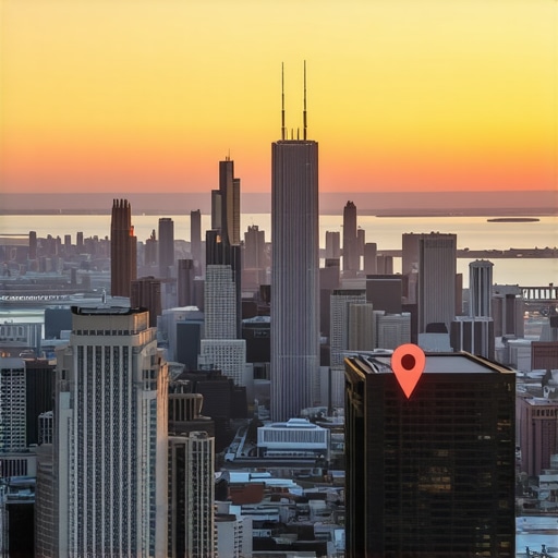 Chicago Business Map Optimization Illustration of Chicago skyline with map pins indicating local businesses
