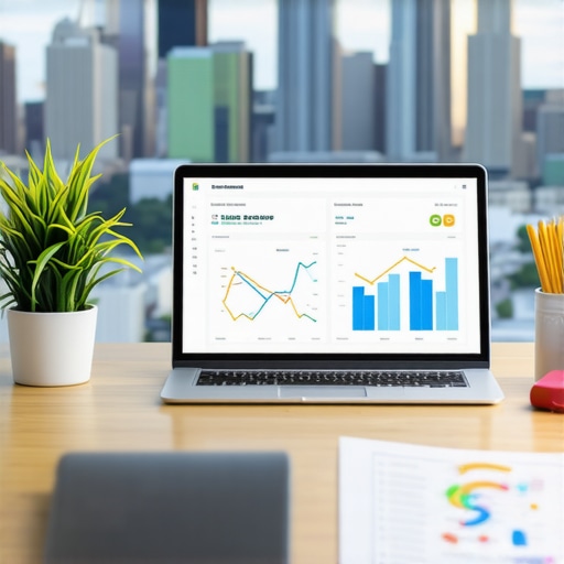 A person analyzing SEO data on a laptop with Chicago skyline visible outside the window.