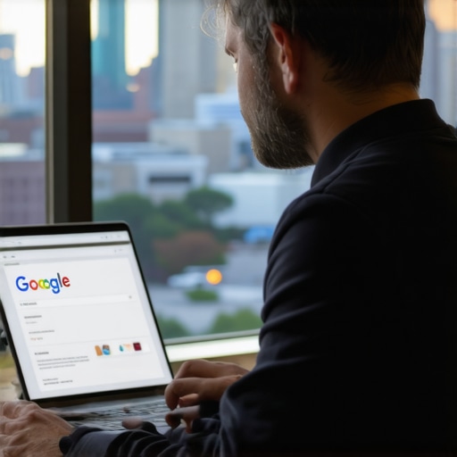 Business owner reviewing Google Maps profile on laptop with Chicago skyline in background.