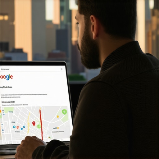 Business owner updating Google Maps profile with Chicago cityscape in background.