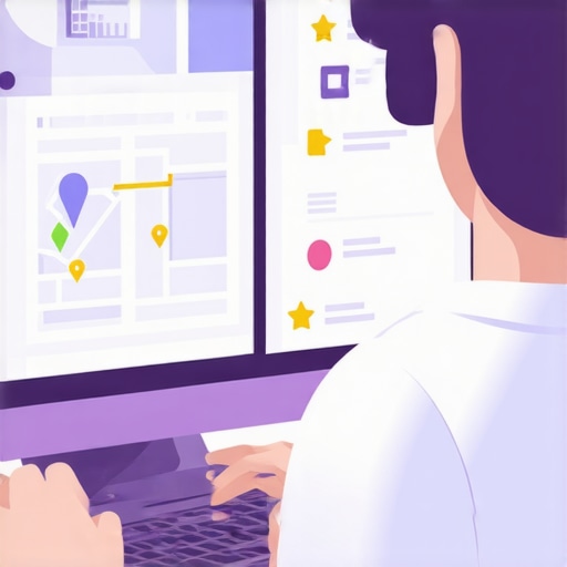 Chicago business owner updating GMB profile on laptop with maps and review icons around.