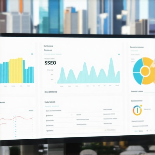 Person analyzing SEO performance on a computer with Chicago landmarks out the window.