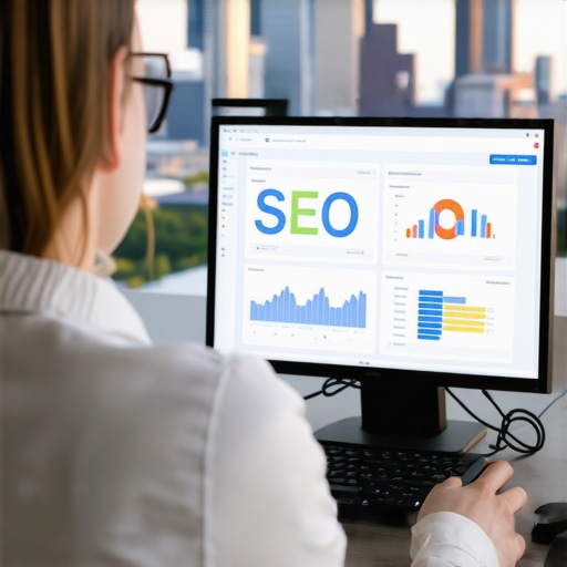 Person reviewing SEO metrics and rankings on a laptop with Chicago skyline behind.