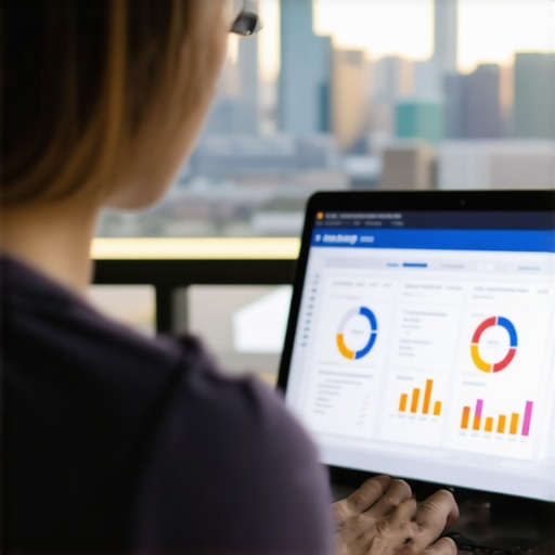 Person reviewing SEO analytics on a laptop with Chicago skyline in the background.