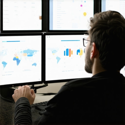 Digital marketer reviewing SEO analytics for Chicago business on multiple screens.