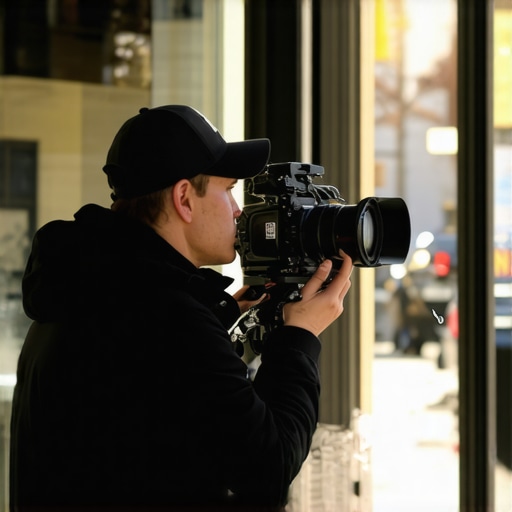 Business owner recording a promotional video outside their Chicago storefront during daylight