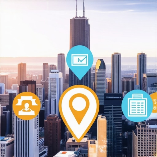 Chicago cityscape with icons representing local SEO and Google Maps optimization