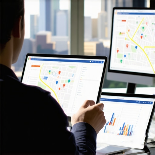 A digital marketing professional reviewing SEO performance dashboards with Chicago skyline in the background.