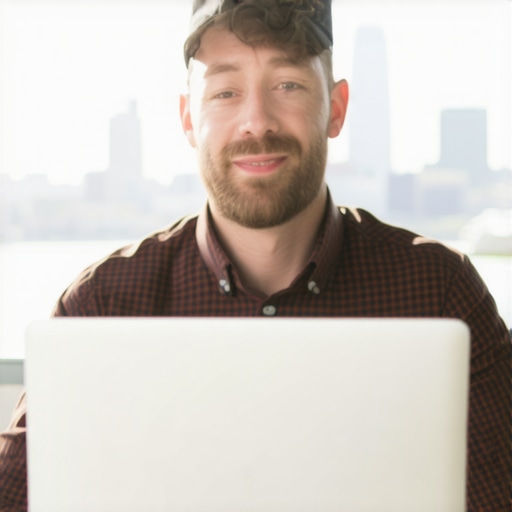 Business owner working on Google My Business profile with Chicago skyline