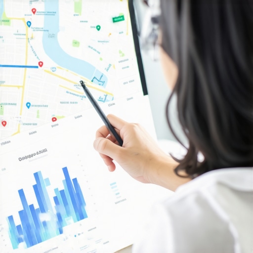 Person reviewing local SEO analytics on a computer with Chicago neighborhood maps