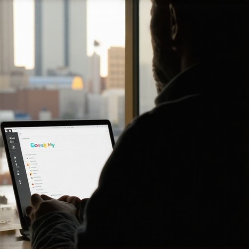 Chicago entrepreneur updating Google Business profile with city landmarks in background.
