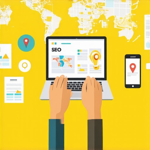 Person analyzing local SEO data for Chicago business on laptop with maps and icons