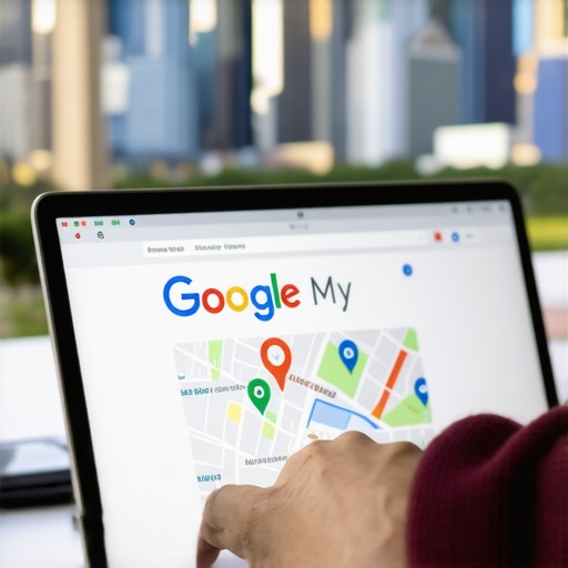 Person editing Google Maps profile with Chicago skyline in background.