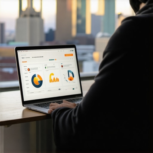 Person analyzing maps SEO data on a laptop with Chicago skyline in background