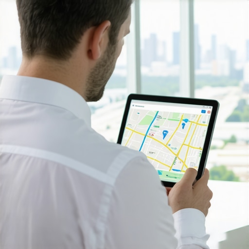 Analyzing Chicago Map Rankings Businessman reviewing local SEO charts for Chicago business on tablet.