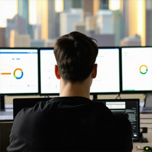 Analyzing Local SEO Data in Chicago A person reviewing SEO analytics on dual monitors with Chicago skyline view