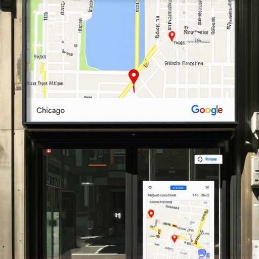 A Chicago storefront with Google Maps overlay showing profile optimization