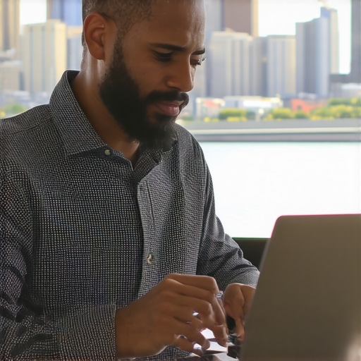 Business owner updating Google My Business listing with Chicago skyline in background