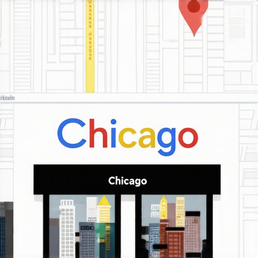 Chicago storefront with map pin and local landmarks