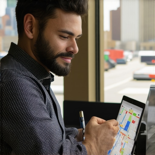 Chicago business owner working on Google Maps SEO with cityscape background