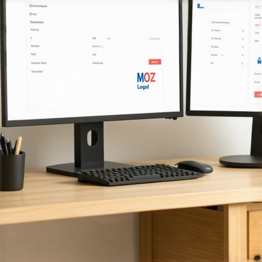 Desk with monitors showing local SEO dashboard interfaces for Chicago businesses