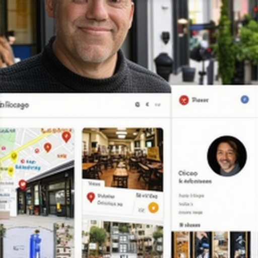 Chicago storefront owner enhancing Google My Business profile with local images.