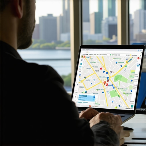 A Chicago business owner reviewing local SEO metrics on a laptop with Chicago skyline in the background