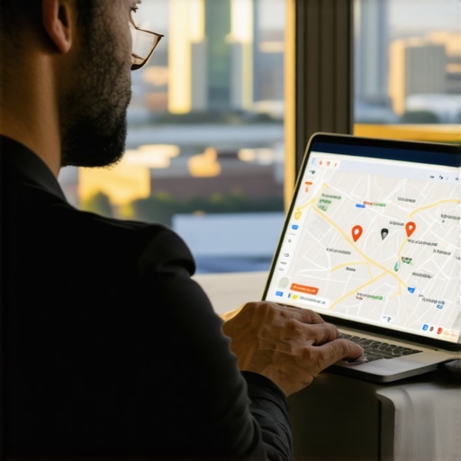 Business owner working on Google Maps optimization with Chicago skyline