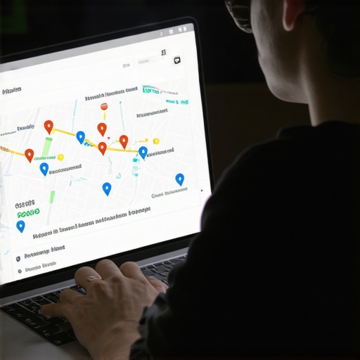 Business owner reviewing Google Maps profile during night in Chicago, with business map pins on screen.